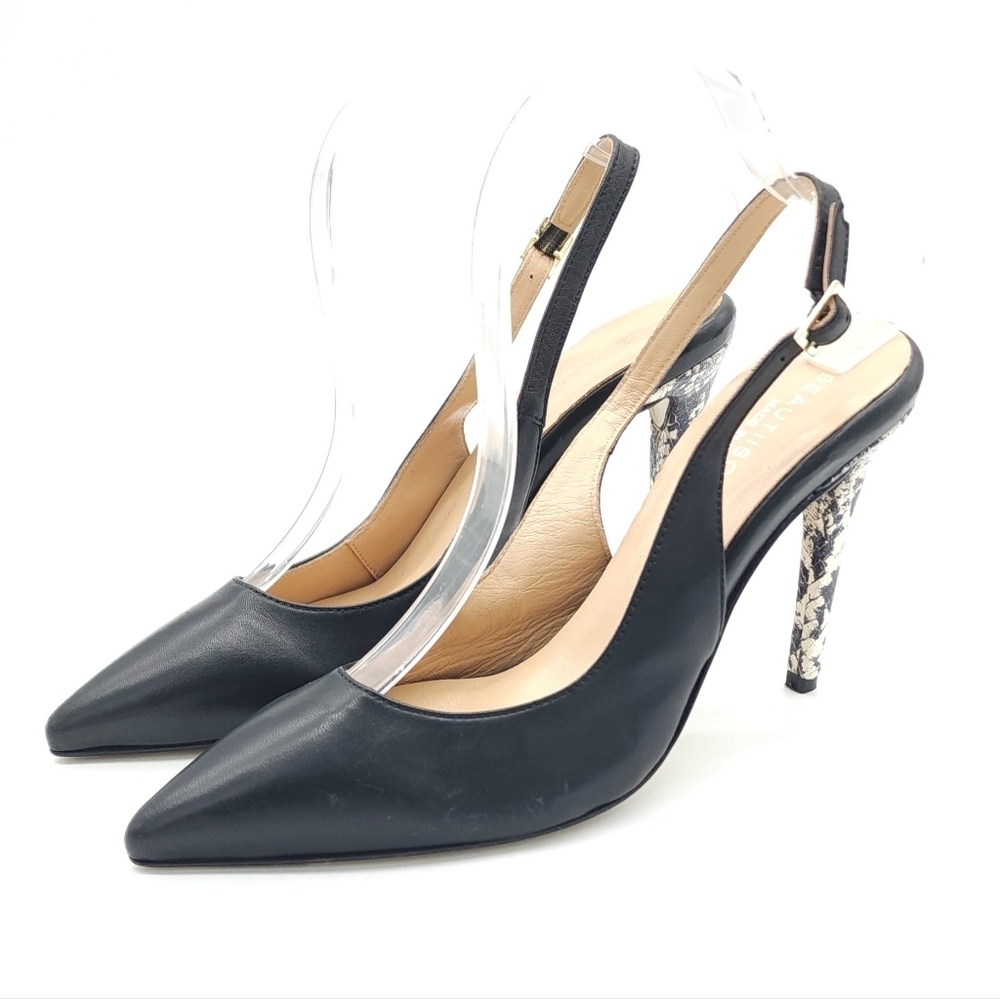 $295 Beautiisoles Michelle Black Leather Pointed Toe Slingback Pumps Size 9